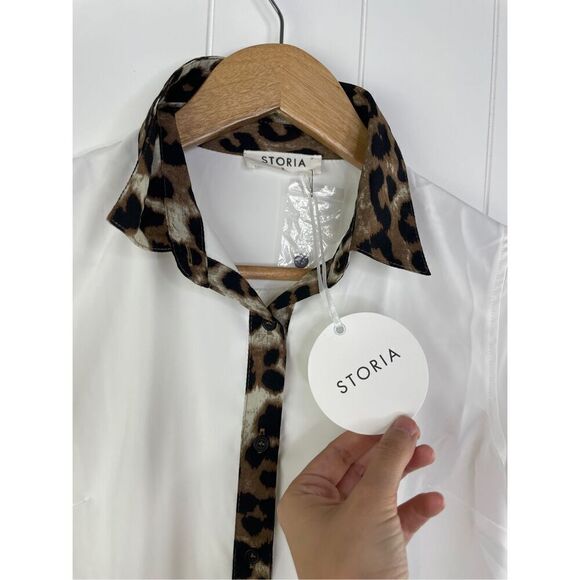 NWT Storia White and Animal Print Button Down Collar Work Career Shirt Size S - Picture 2 of 10